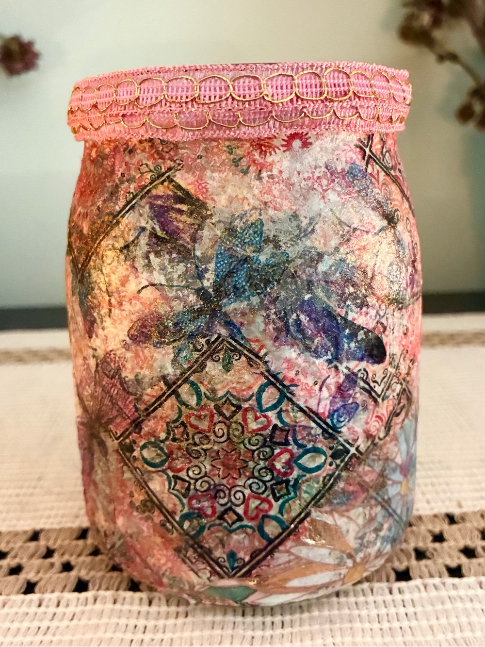Handmade Decorative Dragonfly and Tile Design Decoupage Candleholder 5”X3”